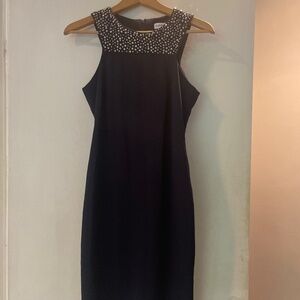 Calvin Klein Rhinestone Neckline Sleeveless Dark Navy Dress